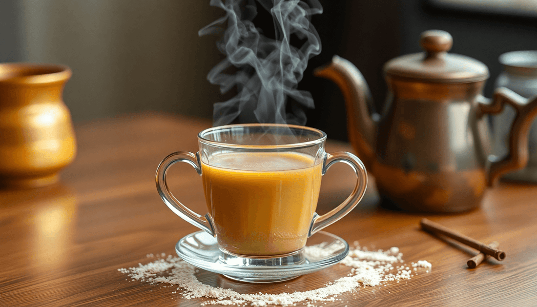 A cup of premix powder tea steaming on a table