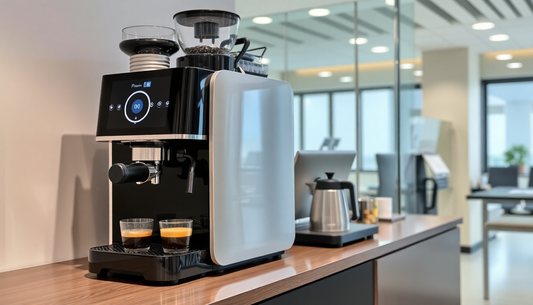 Modern nescafe Coffee Machine Rental in Gurgaon setup in a bright office kitchen with two espresso shots being prepared