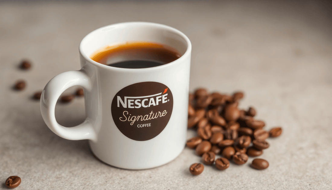 A cup of Nescafe Signature coffee premix with coffee beans