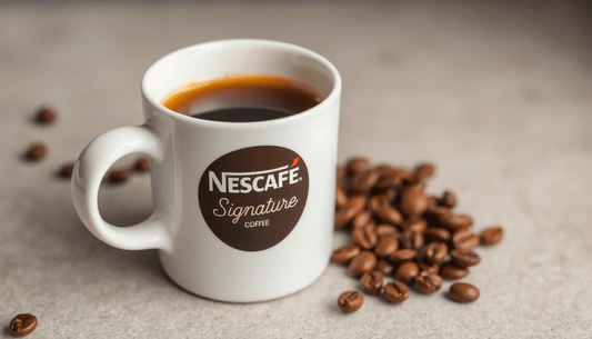 A cup of Nescafe Signature coffee premix with coffee beans