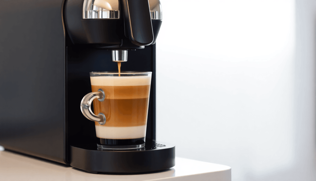 A Nespresso coffee machine brewing espresso