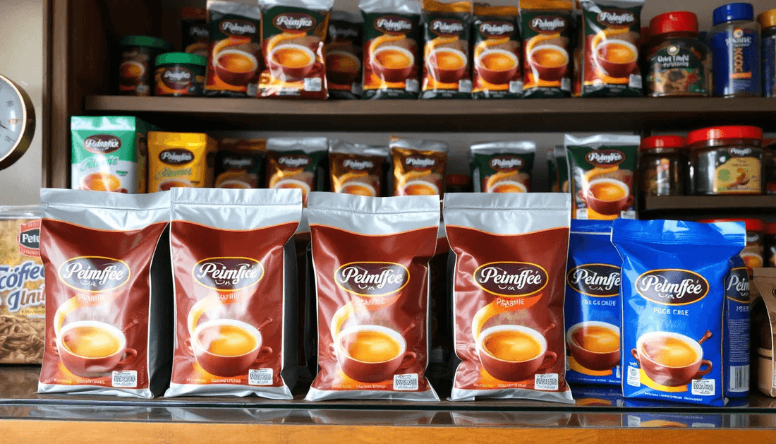 Packaged coffee premix products in a Moradabad shop