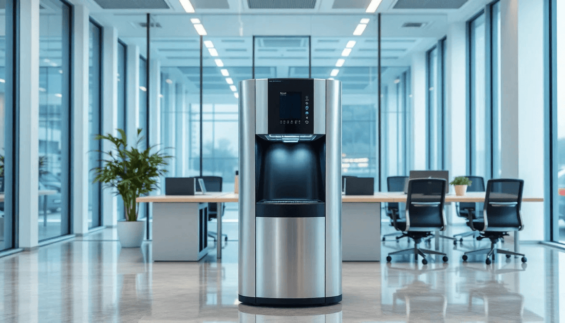 A modern water dispenser in a bright office setting