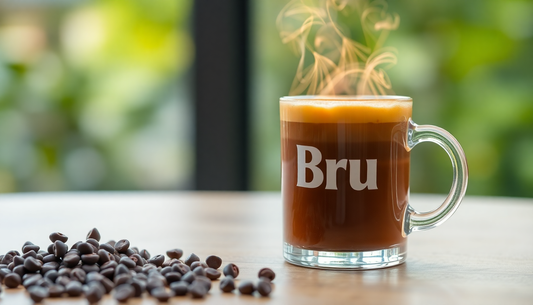 A steaming cup of Bru Hot Coffee Premix on a table