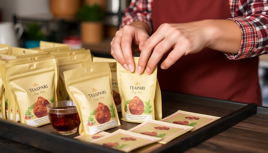 Person arranging tea packets with a cup of tea on a tray near coffee machine in Vasundhara Ghaziabad store