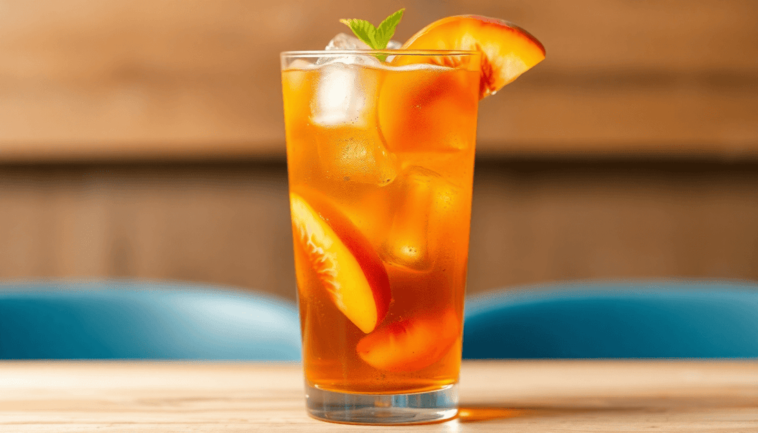 Refreshing glass of peach iced tea with ice cubes