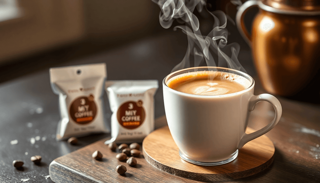 A steaming cup of coffee with 3-in-1 premix sachets