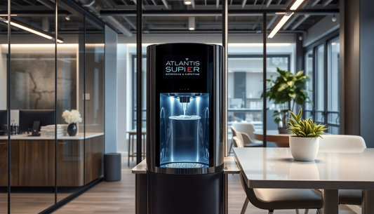 Modern water dispenser in an office setting showing Atlantis Super branding by Atlantis Super Water Dispenser Dealer