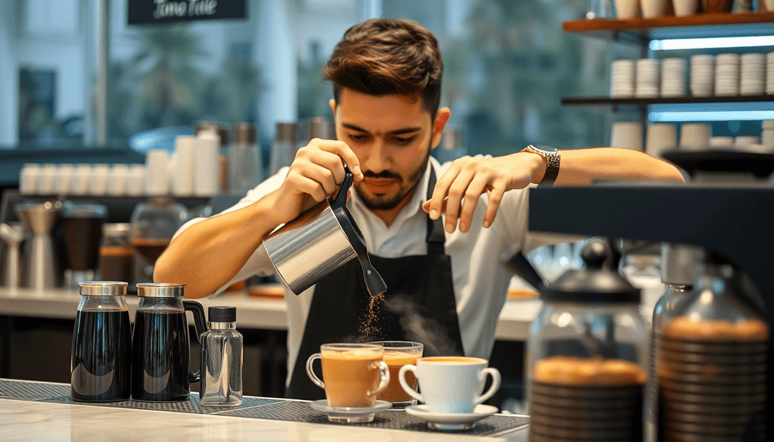 A barista preparing coffee premix at a Delhi café