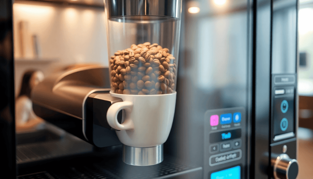 A modern coffee vending machine with fresh beans hopper