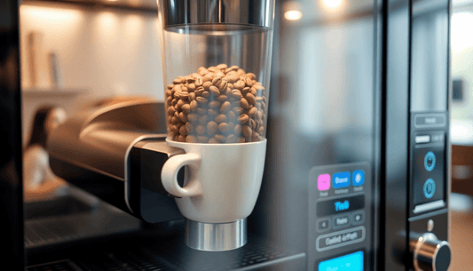 A modern coffee vending machine with fresh beans hopper