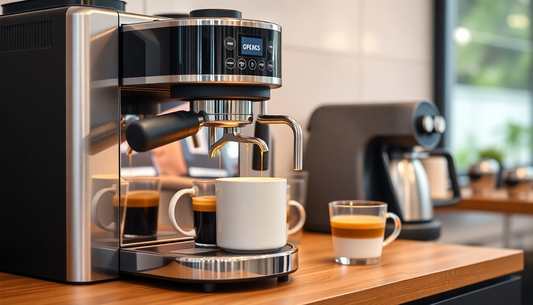 Modern coffee machine brewing multiple cups quickly