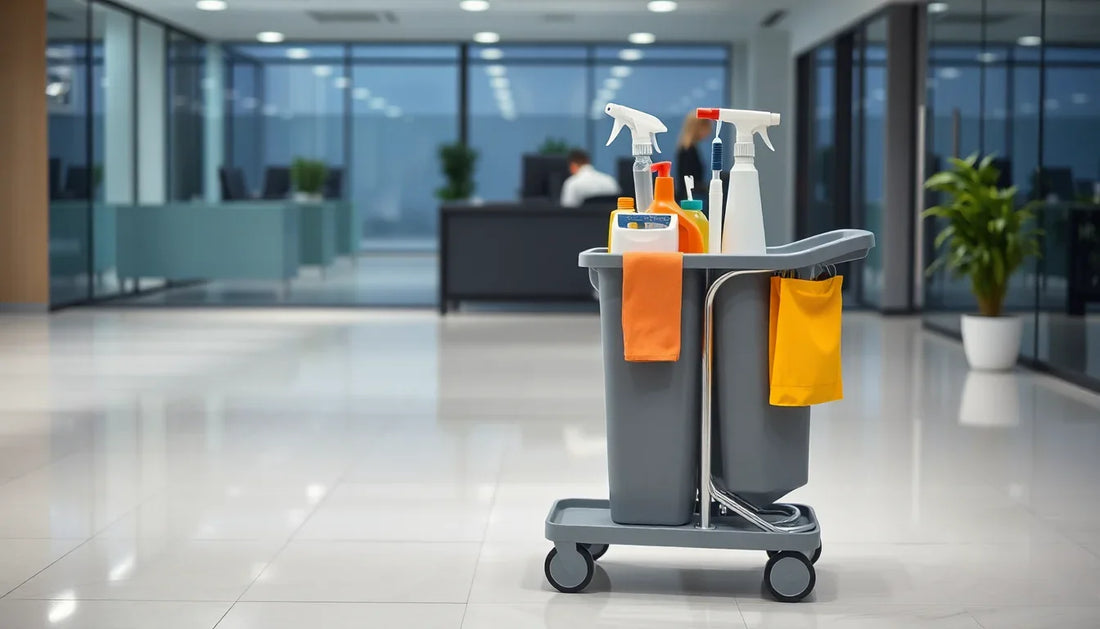 Cleaning trolley in Noida with spray bottles, cleaning cloths, and a mop bucket in a modern office hallway