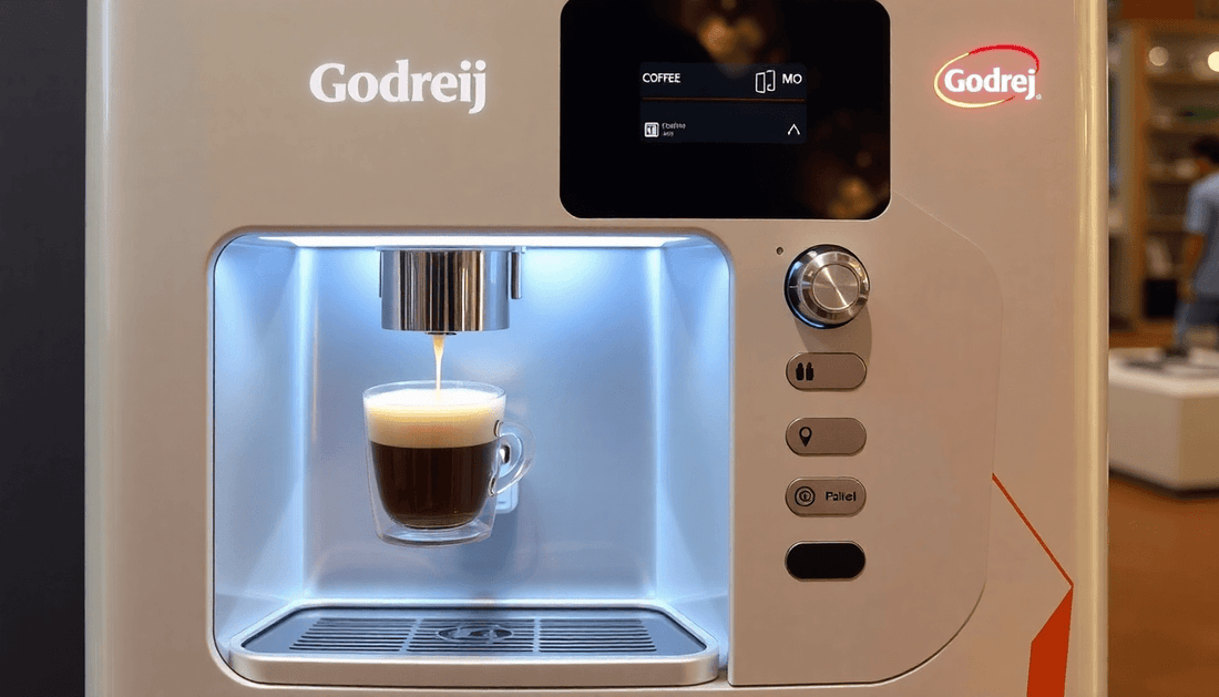 A modern Godrej automatic coffee vending machine dispensing coffee