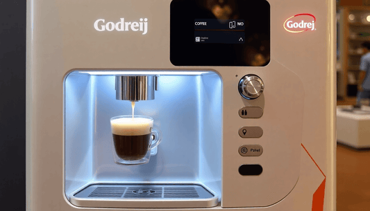 A modern Godrej automatic coffee vending machine dispensing coffee