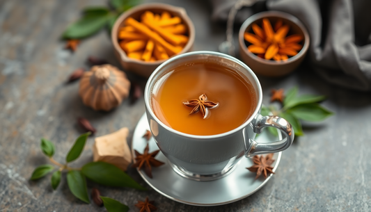 A steaming cup of masala tea with spice ingredients