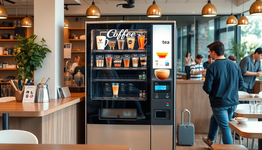 Modern tea coffee vending machine in a bustling cafe