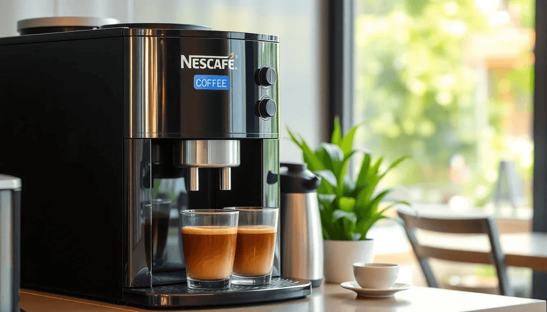 A Nescafe coffee machine dispensing coffee in Gujarat café