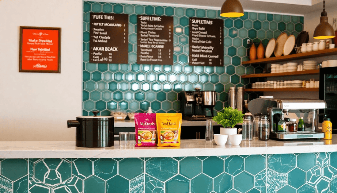 A cafe counter with Atlantis Nukkad Tea Premix pack