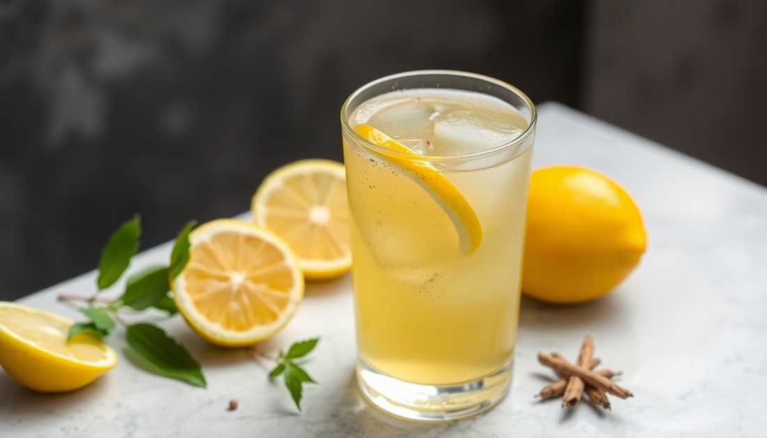 A glass of masala nimbu pani with lemon and spices