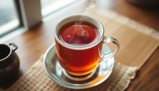 A steaming cup of strong brewing tea on a table