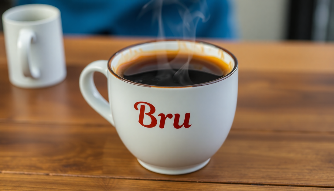 A steaming cup of hot Bru coffee on a wooden table