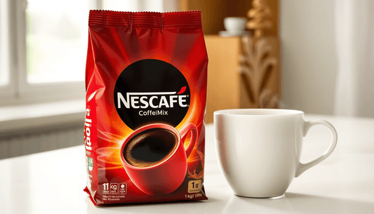 A 1 kg pack of Nescafe coffee premix beside a steaming cup