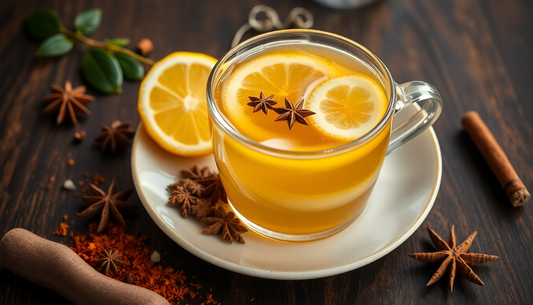 A steaming cup of spiced lemon tea with masala ingredients