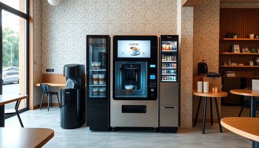 Modern coffee vending machine in a cafe interior showing GODREJ Vending Machine Price for office use