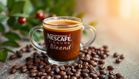 A cup of Nescafe Signature Blend coffee with coffee beans