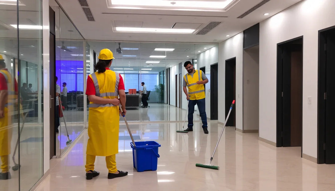 Cleaning staff using professional facility cleaning services Noida maintaining office corridors and glass walls