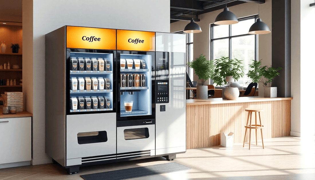 A sleek 2-lane coffee vending machine in a modern cafe