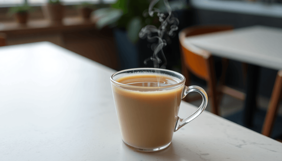 A cup of steaming instant tea on a cafe table