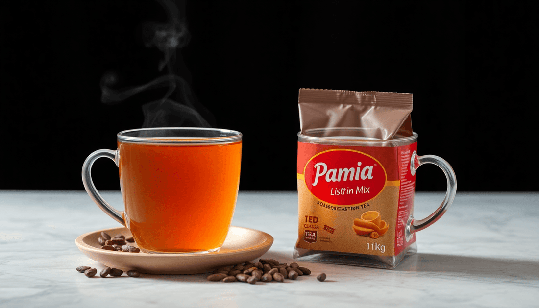 A steaming cup of premix tea beside a 1kg pack