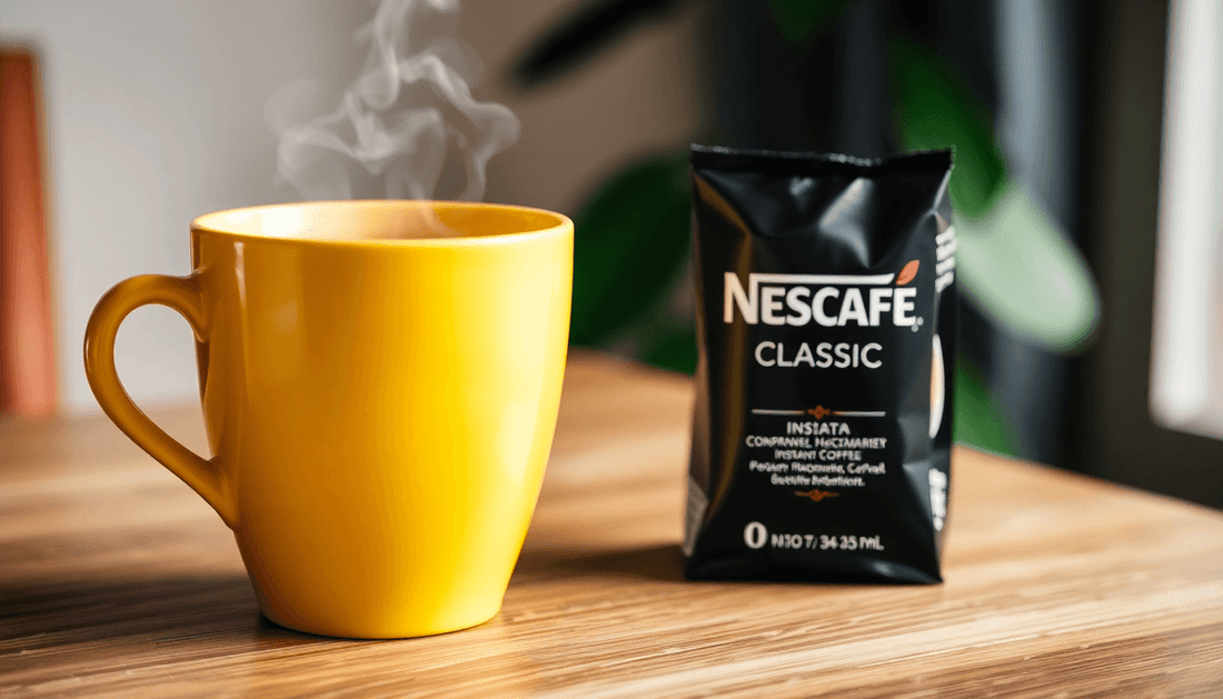 A steaming cup of Nescafe Classic instant coffee on table