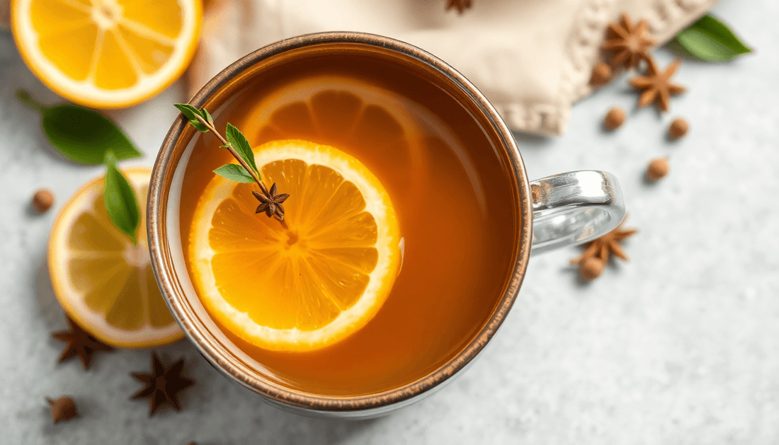 A steaming cup of lemon masala tea with spices