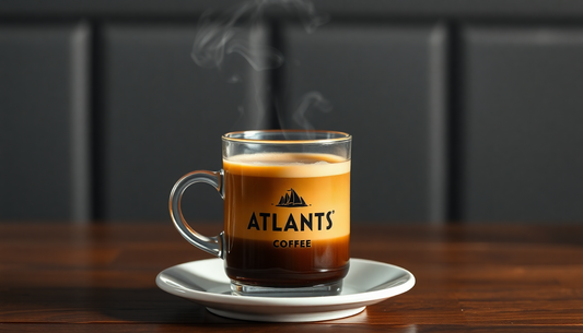 A steaming cup of Atlantis coffee premix on wooden table