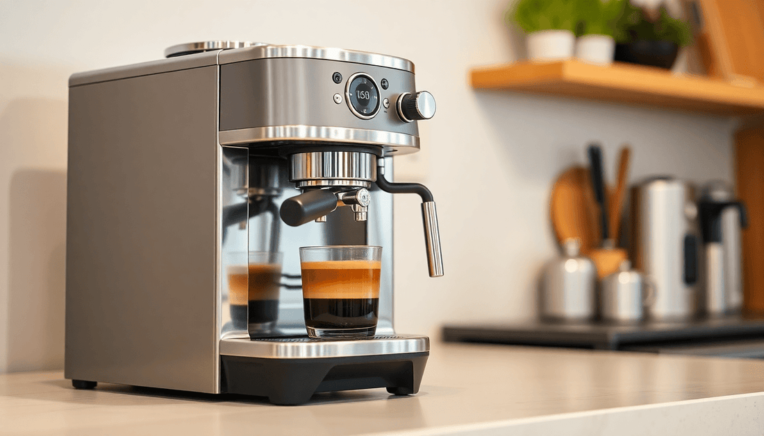 Automatic coffee machine brewing fresh espresso on kitchen counter
