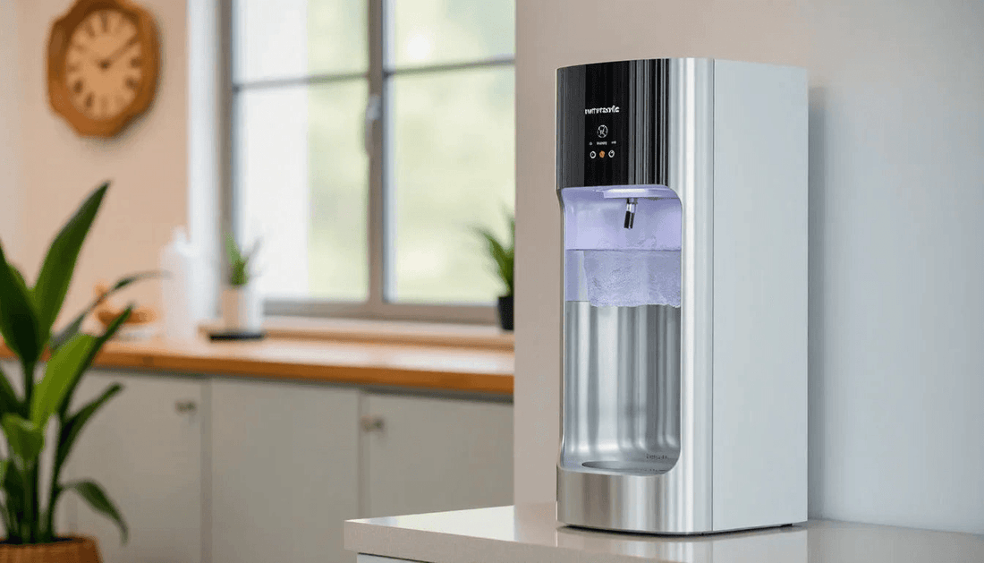 A modern drinking water dispenser in a home setting