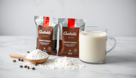 Instant coffee premix sachets with milk powder on table