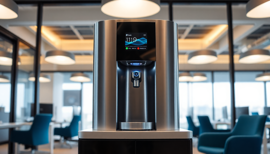 Modern coffee machine with digital display in office lounge area featuring Atlantisplus.com branding
