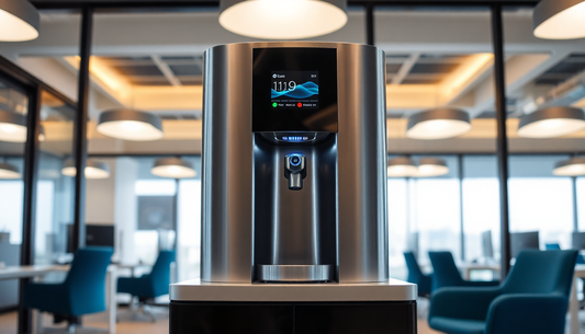 Modern coffee machine with digital display in office lounge area featuring Atlantisplus.com branding