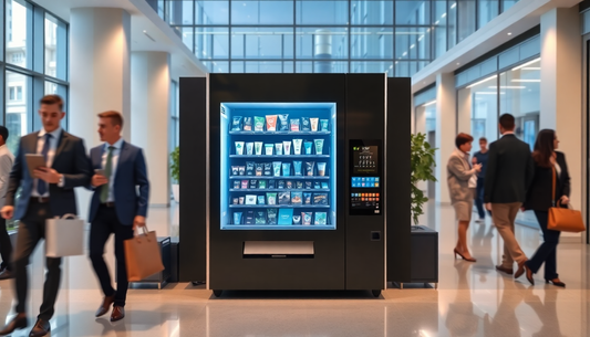 Modern coffee vending machine in a busy office lobby