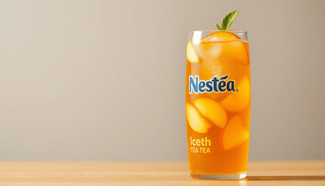 A refreshing glass of Nestea Iced Tea Peach with peaches
