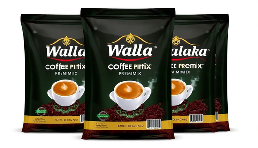 Walla Coffee Pitfix premix packets showing best 1 kg coffee premix for offices with coffee cup and coffee beans