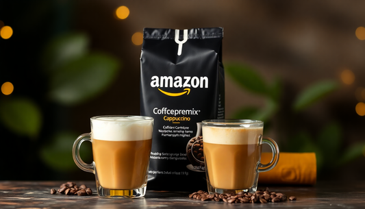 Amazon cappuccino coffee premix supplier Noida with two glass cups of cappuccino and coffee bean packets
