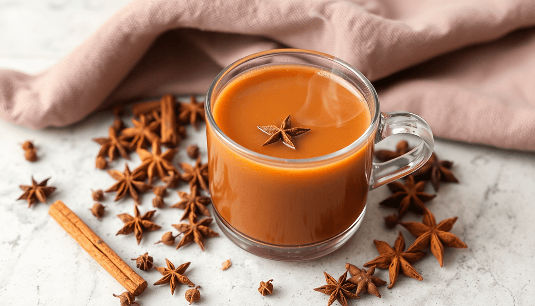 A steaming cup of masala chai with tea spices