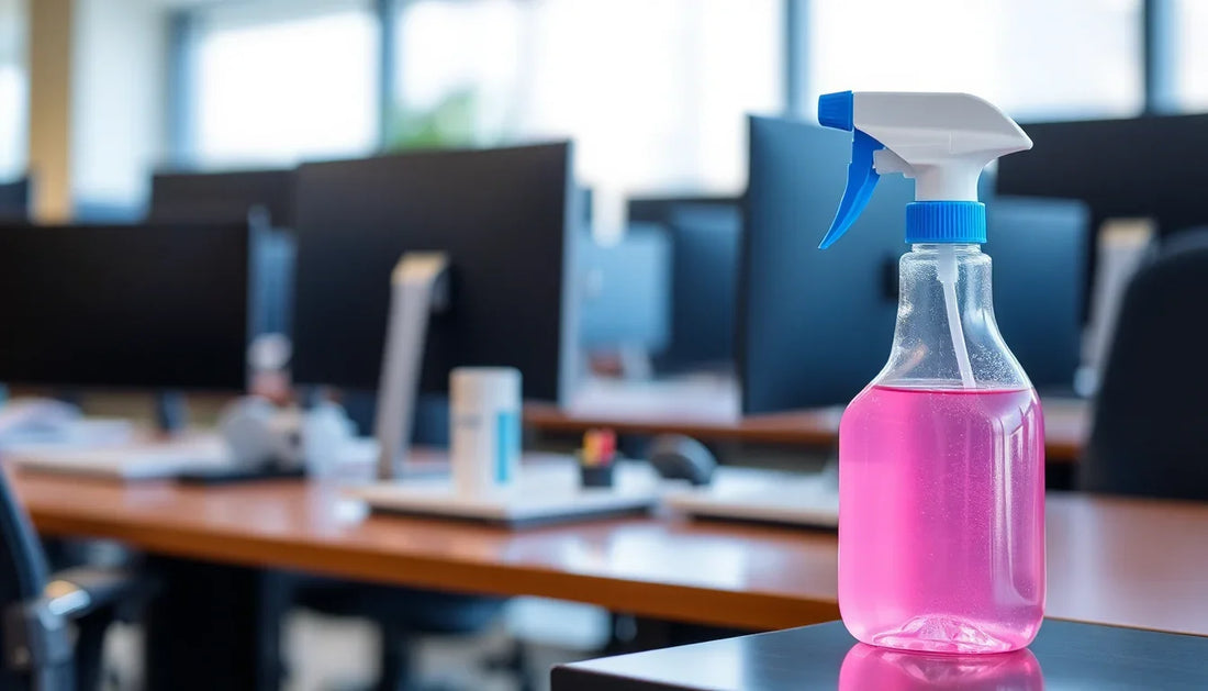 Spray bottle with pink cleaning liquid in office setting near coffee machine vendor near me