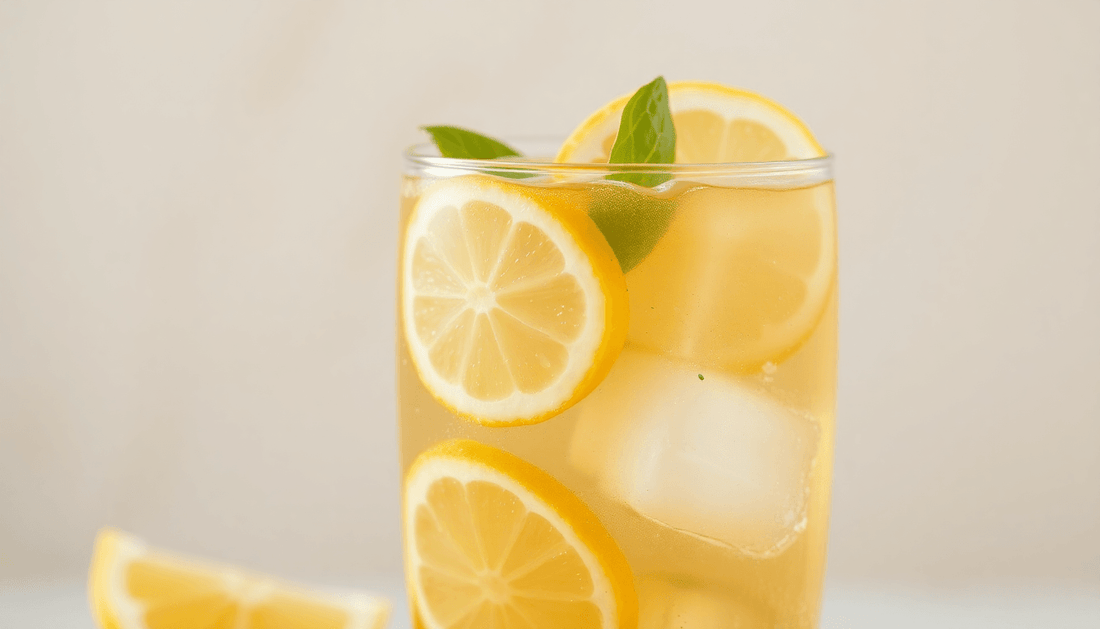 A glass of lemon iced tea with ice cubes and lemon slices