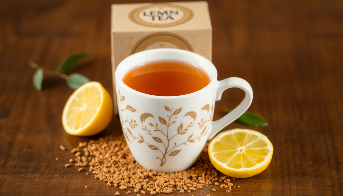 A cup of lemon masala tea with tea packaging box